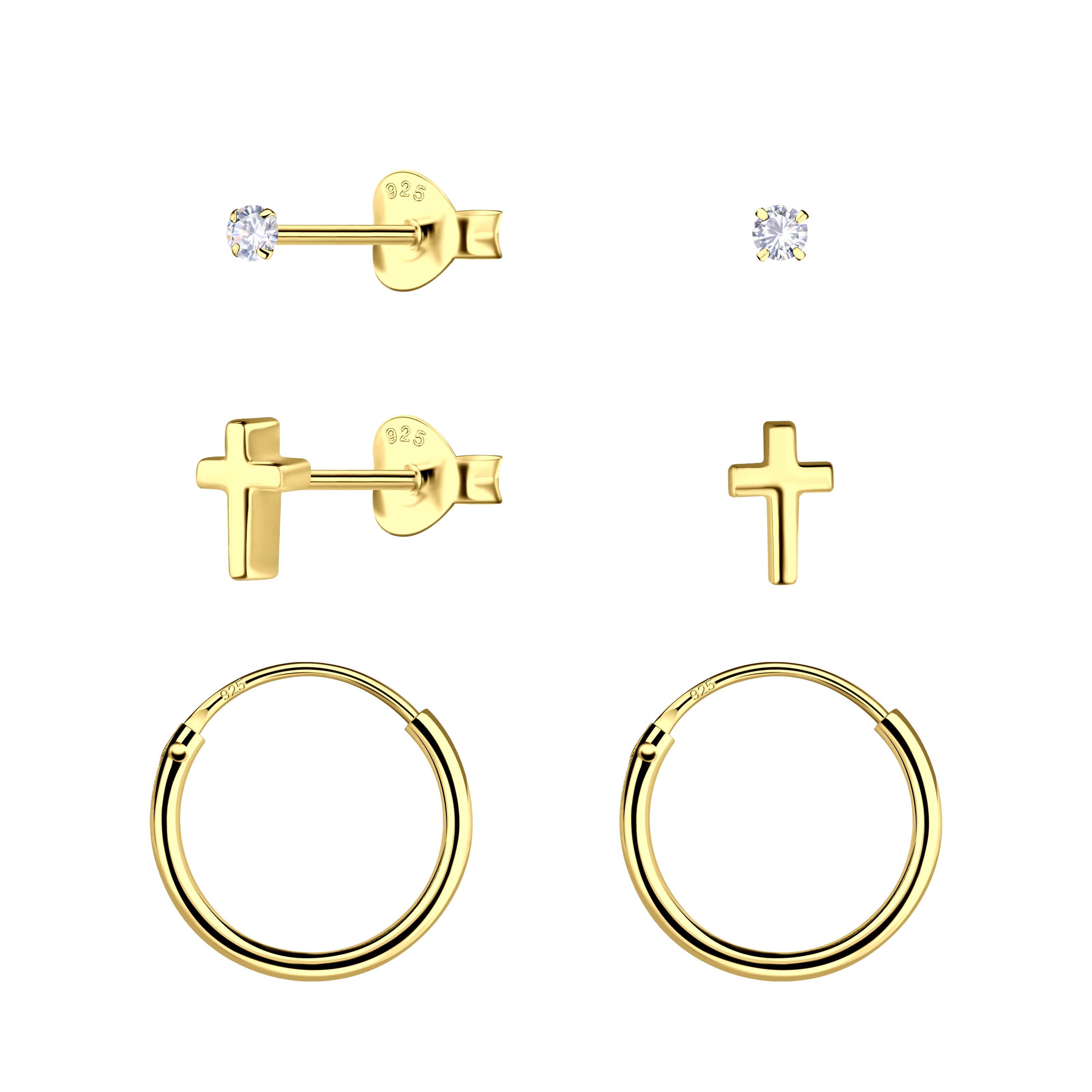 Silver Cross Stud and Hoop Earrings Set