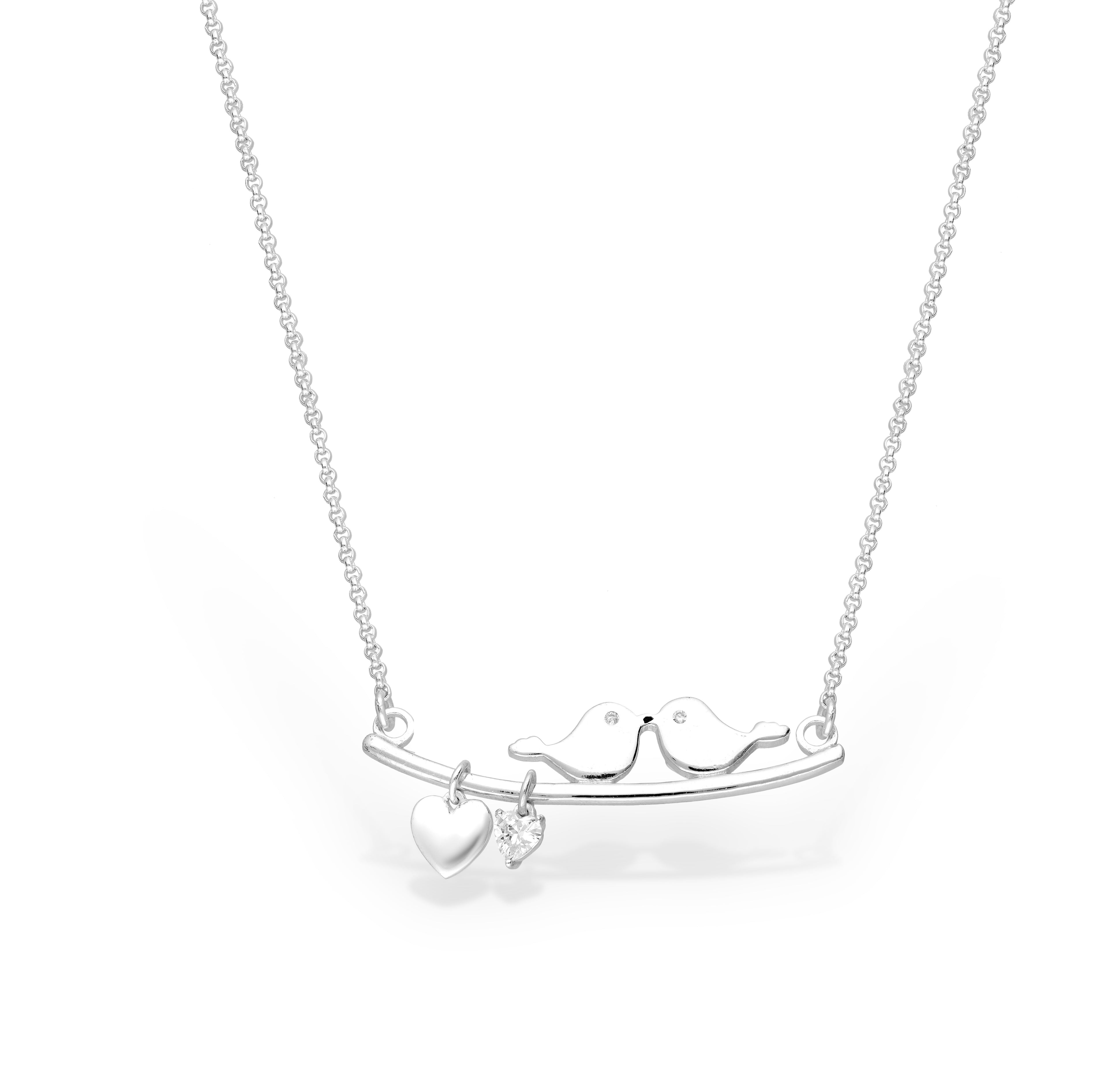 925 Sterling Silver Love Birds and Heart Necklace