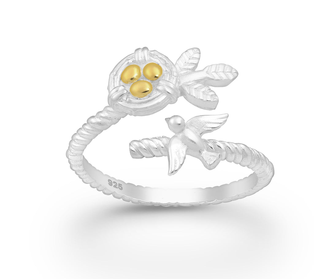 925 Sterling Silver Adjustable Bird and Nest Ring