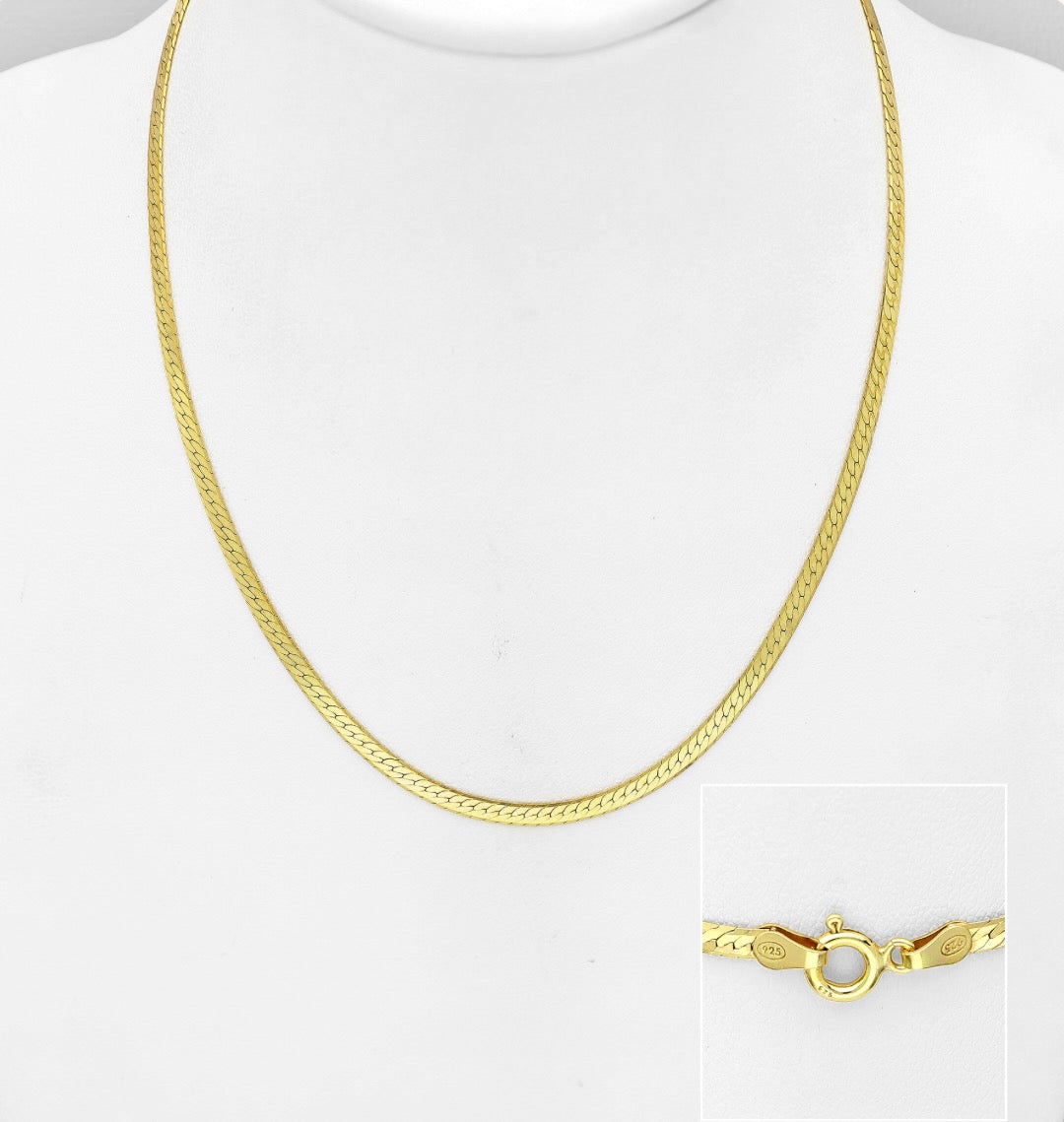 925 Sterling Silver Snake Necklace, Plated with 0.25 Micron 18K Yellow Gold, 2.6 mm Wide