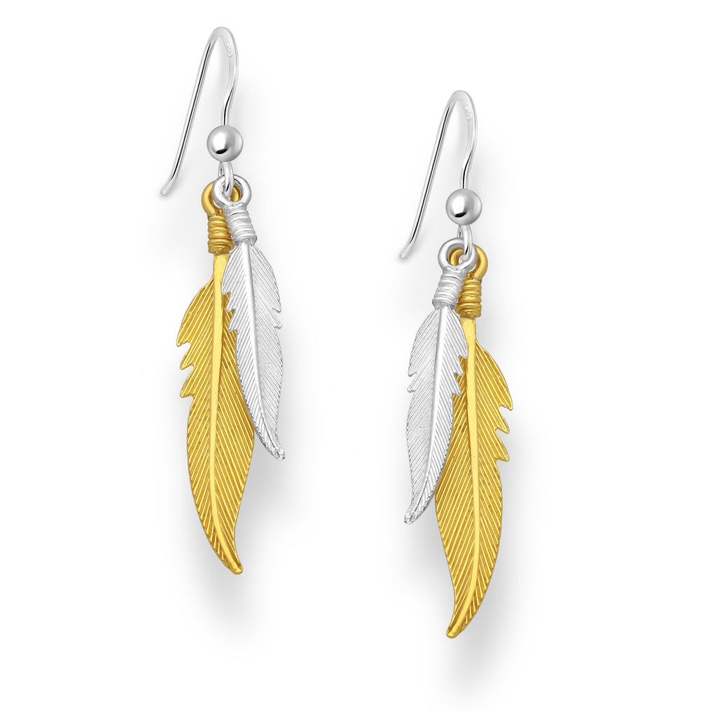925 Sterling Silver Golden Feathers Hook Earrings