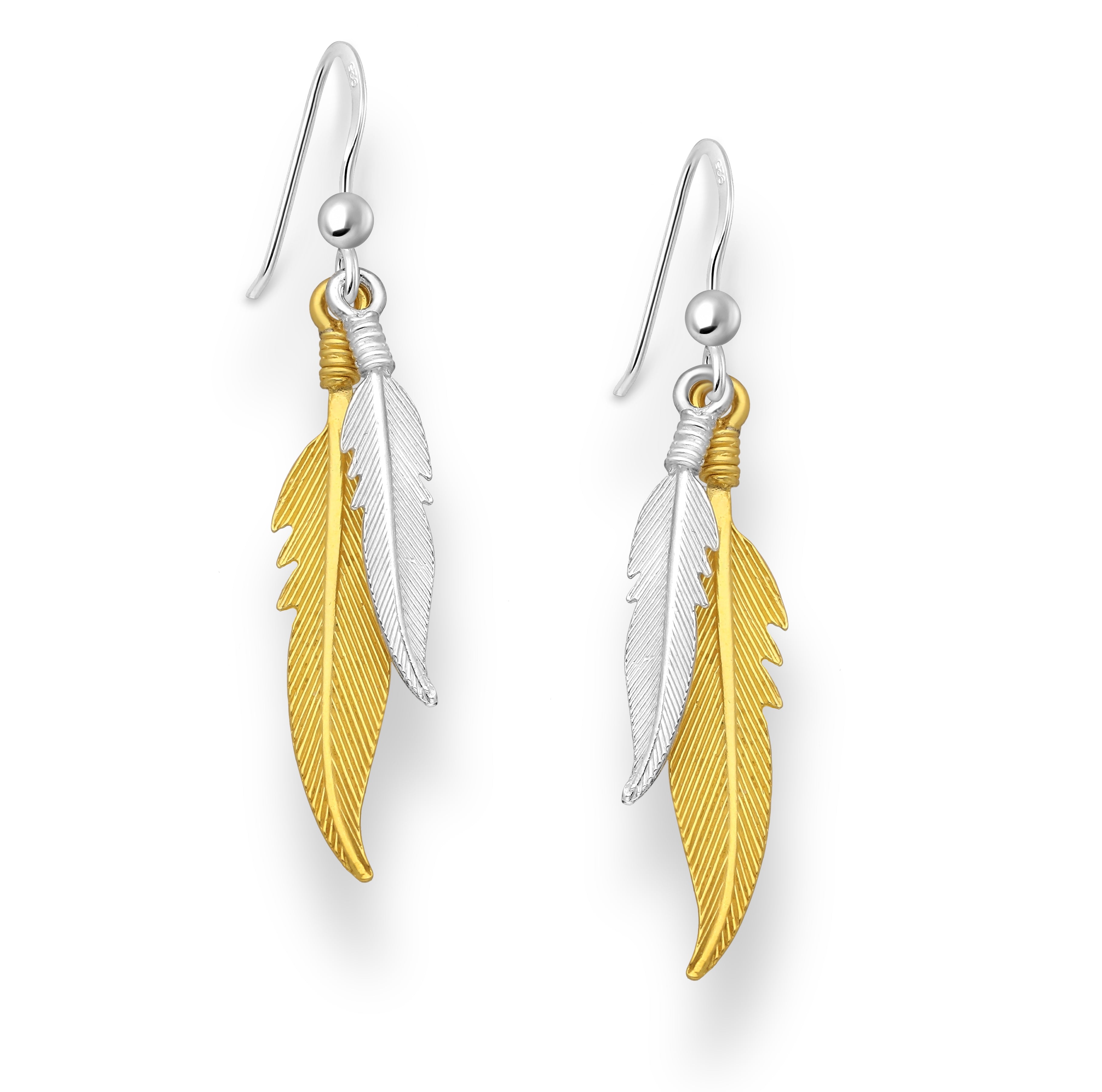 925 Sterling Silver Golden Feathers Hook Earrings