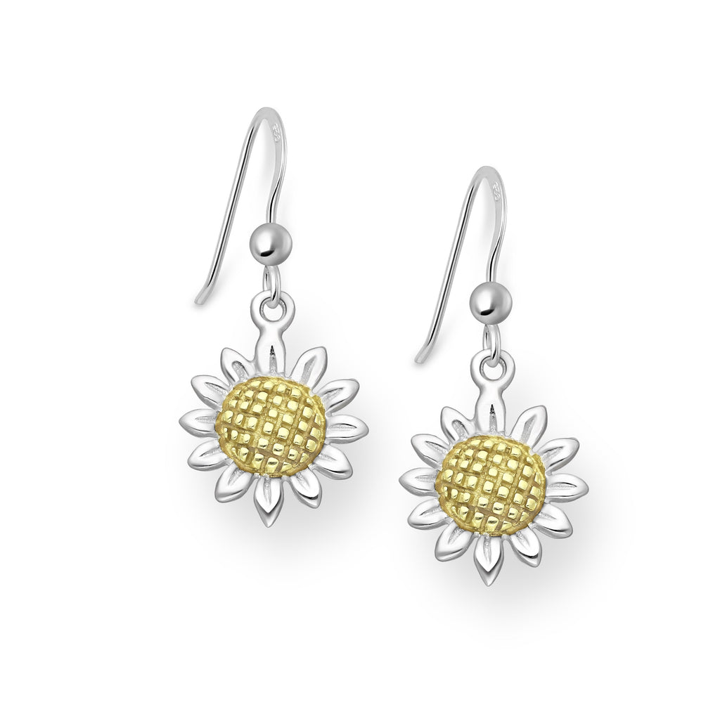 925 Sterling Silver Sunflower Hook Golden Earrings