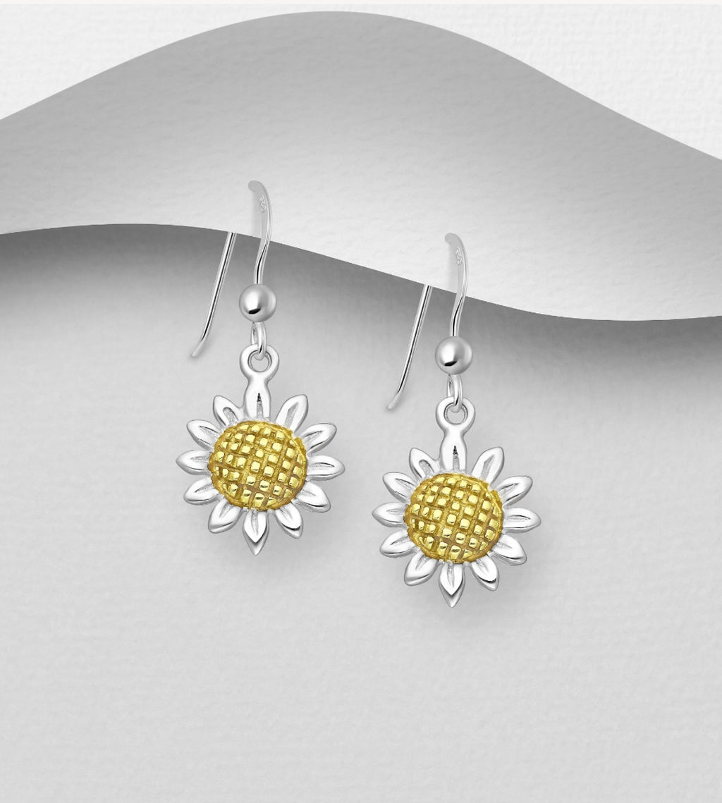 925 Sterling Silver Sunflower Hook Golden Earrings