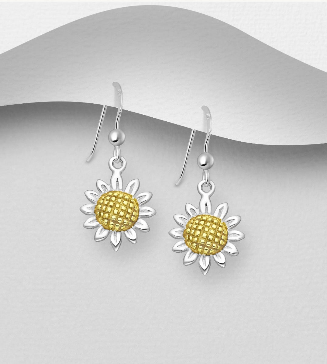 925 Sterling Silver Sunflower Hook Golden Earrings