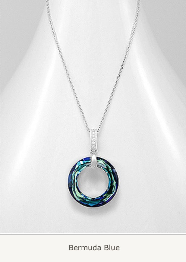 925 Sterling Silver Circle  Austrian Crystal Necklace