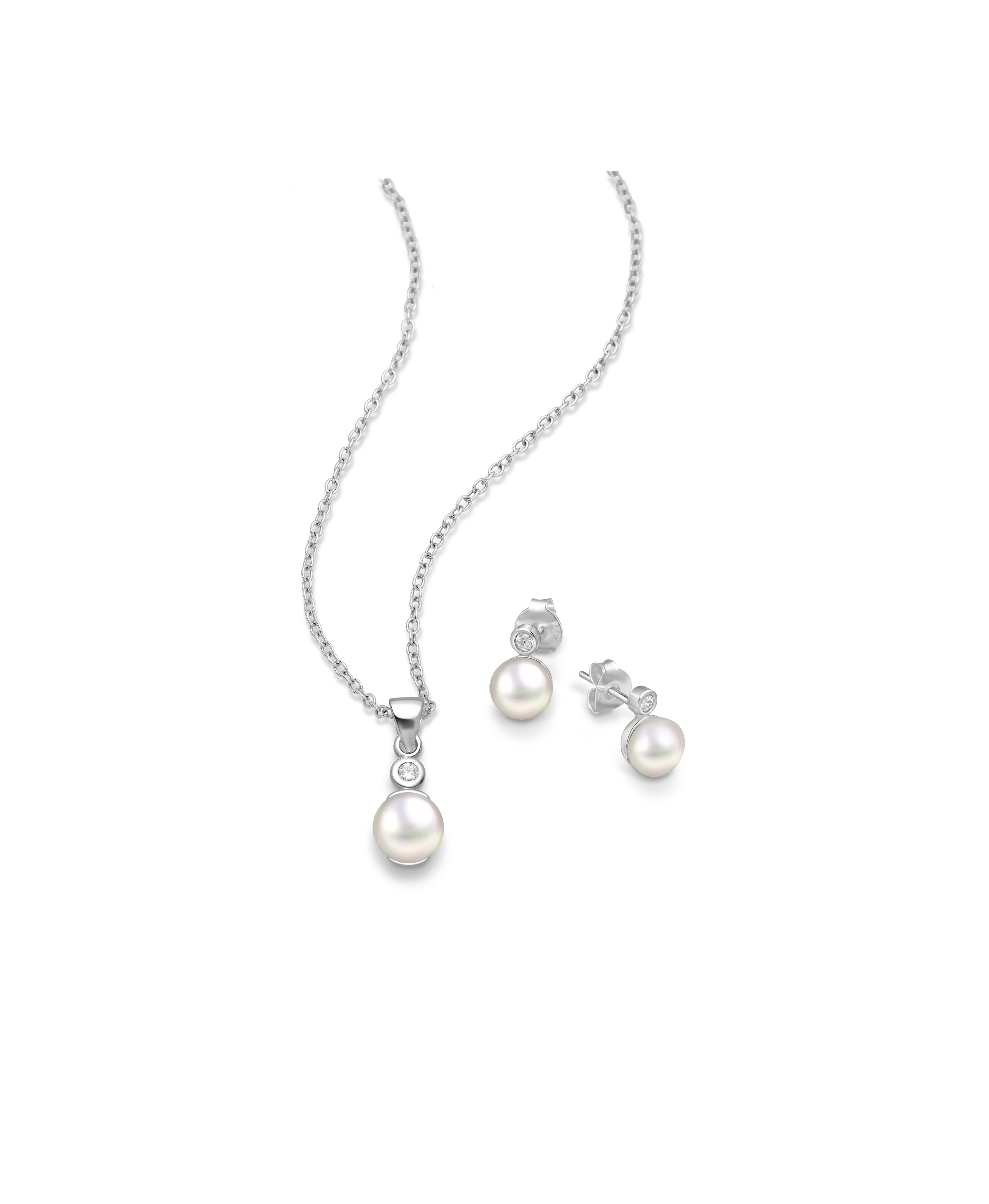 925 Sterling Silver Push-Back Earrings and Pendant Pearl Jewelry Set