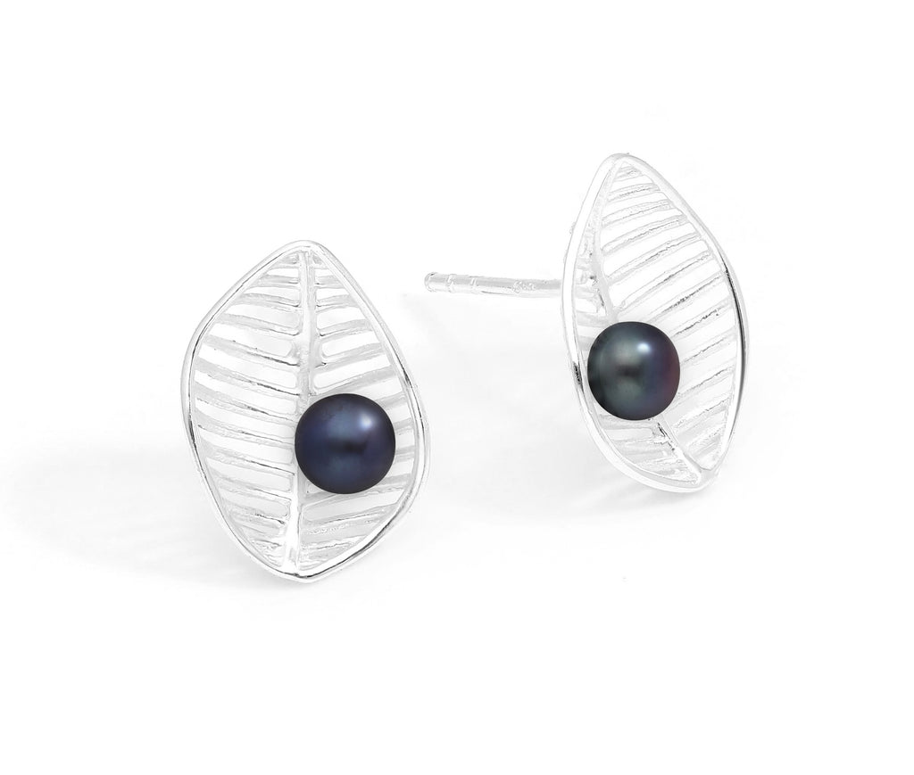 925 Sterling Silver Leaf Push-Back Dyed Black Pearl Earrings