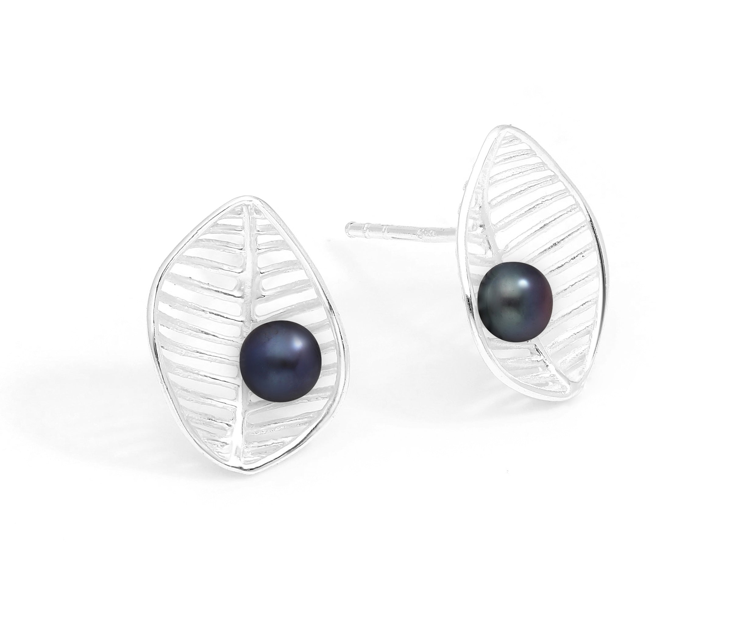 925 Sterling Silver Leaf Push-Back Dyed Black Pearl Earrings