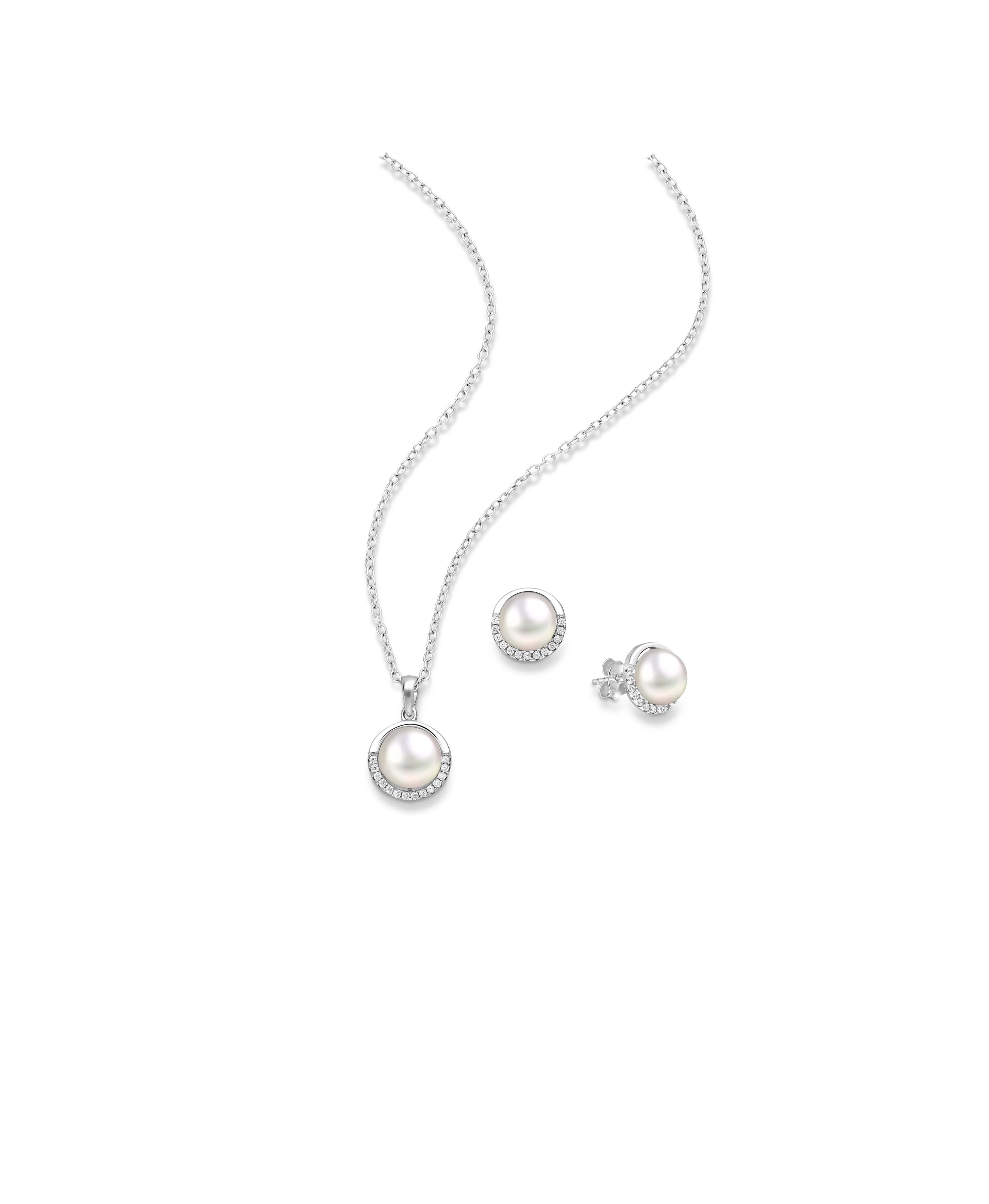 925 Sterling Silver Push-Back Earrings and Pendant Pearl Jewelry Set