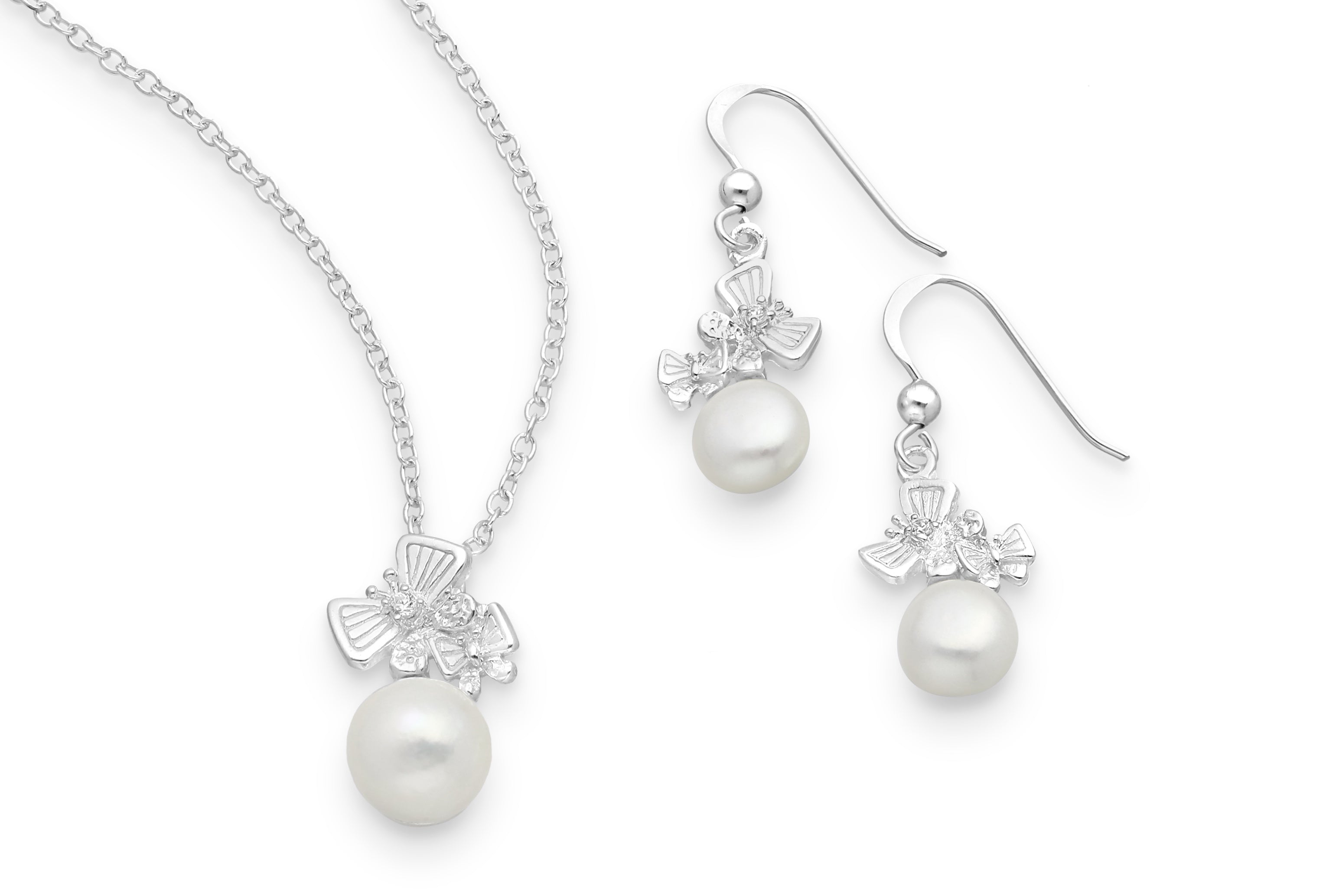 925 Sterling Silver Butterfly Hook Earrings and Pendant Pearl Jewelry Set