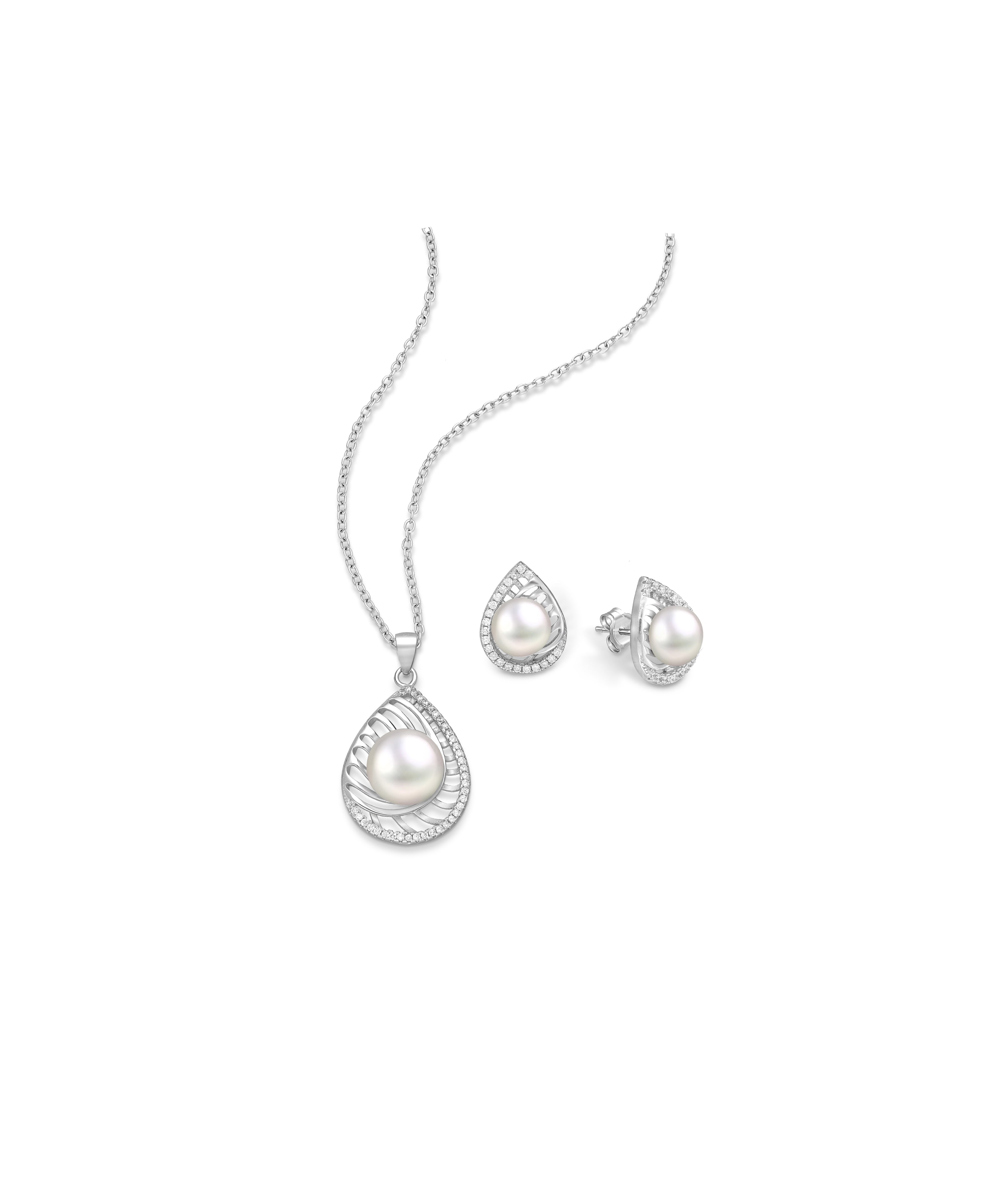 925 Sterling Silver Droplet Push-Back Earrings and Pendant Pearl Jewelry Set