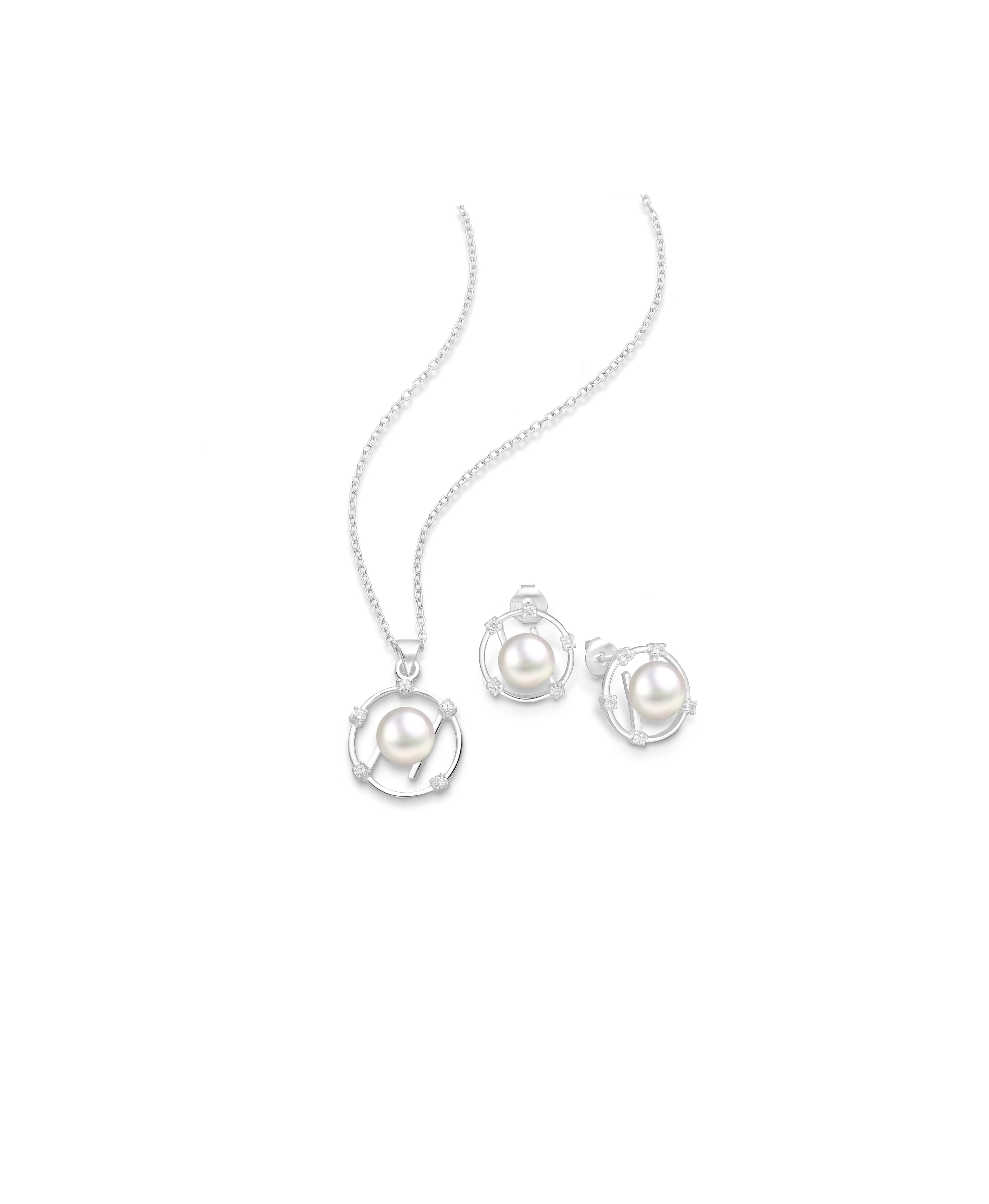 925 Sterling Silver Circle Pendant and Push-Back Earrings Pearl Jewelry Set