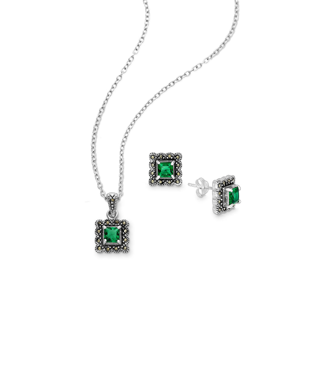 925 Sterling Silver Set of Push-Back Earrings And Pendant Marcasite Set