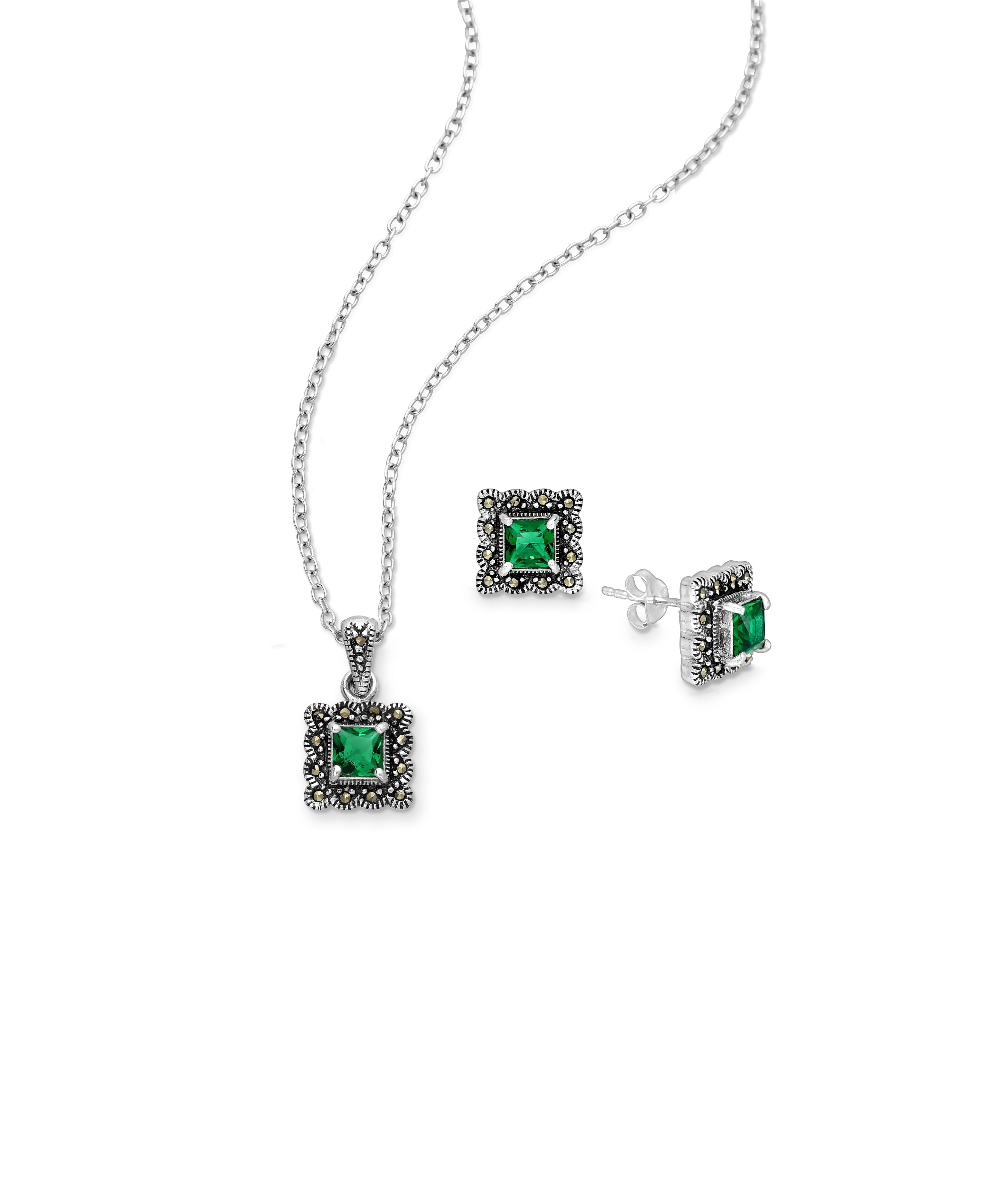 925 Sterling Silver Set of Push-Back Earrings And Pendant Marcasite Set