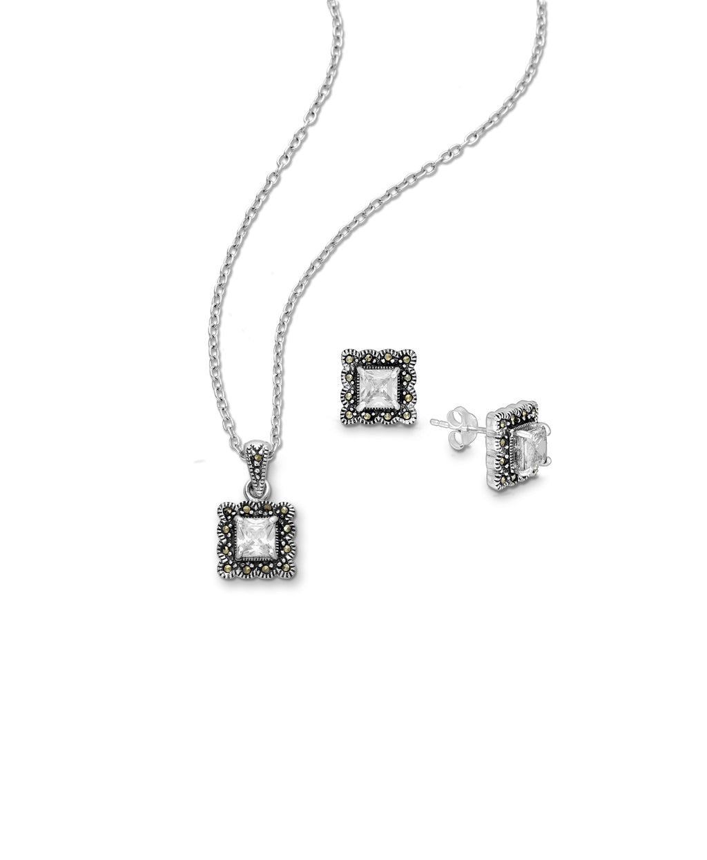 925 Sterling Silver Set of Push-Back Earrings And Pendant Marcasite Set