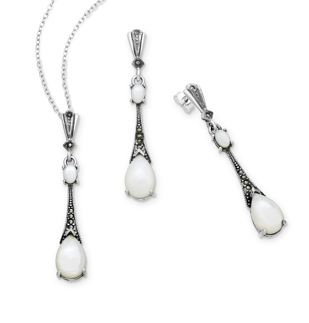 925 Sterling Silver Set of Push-Back Earrings And Pendant Marcasite Set Decorated