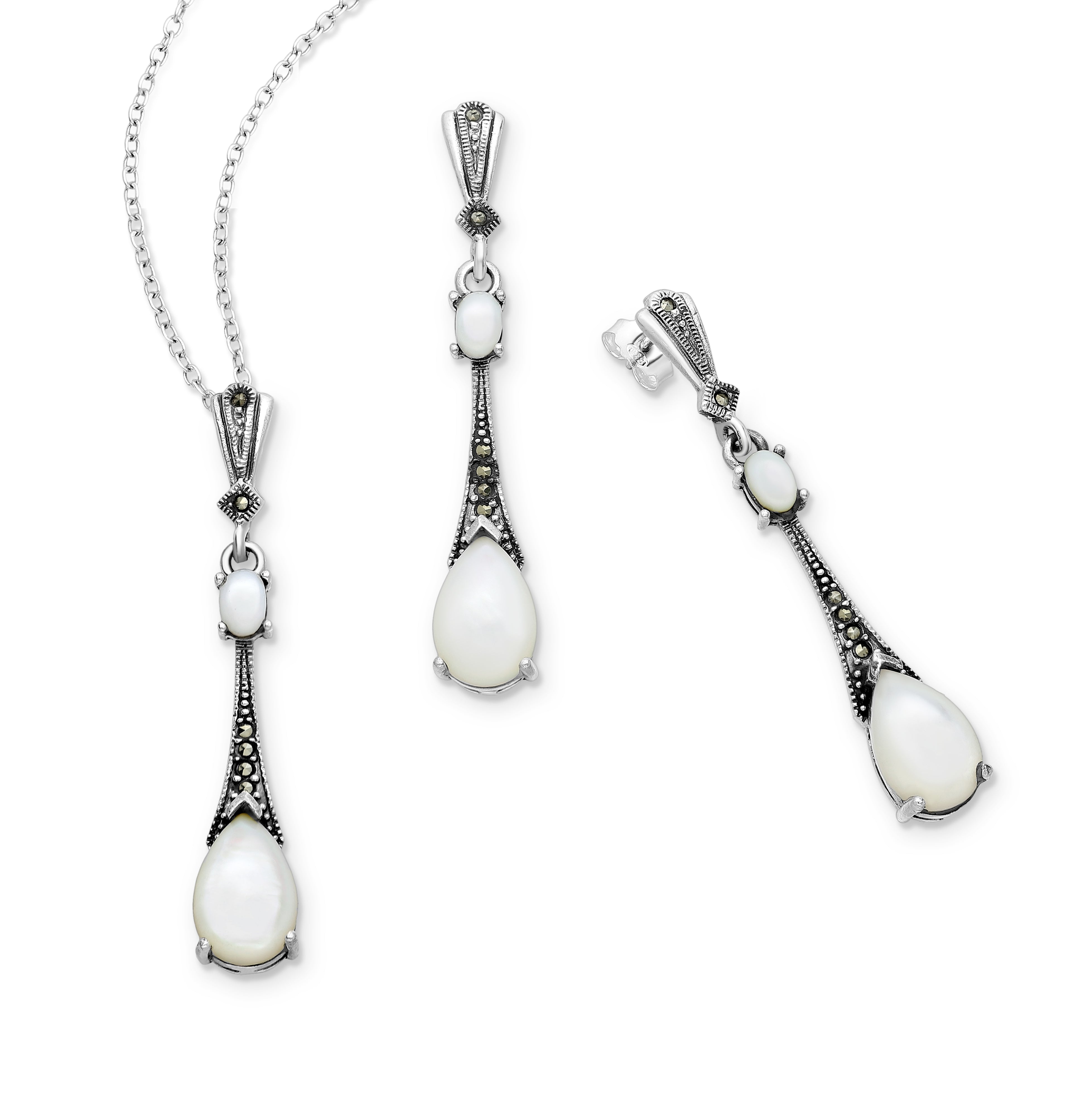 925 Sterling Silver Set of Push-Back Earrings And Pendant Marcasite Set Decorated