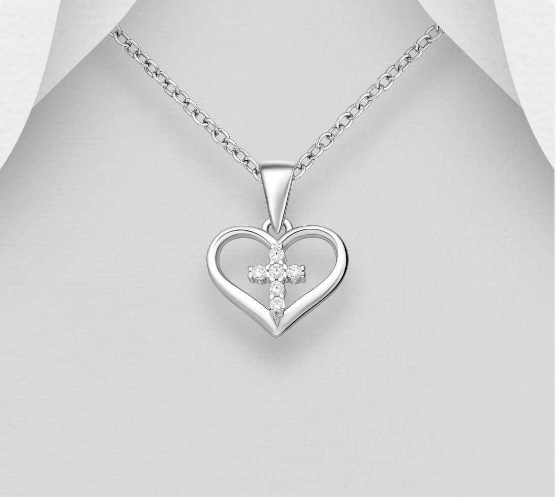 925 Sterling Silver Cross and Heart Push-Back Pendant