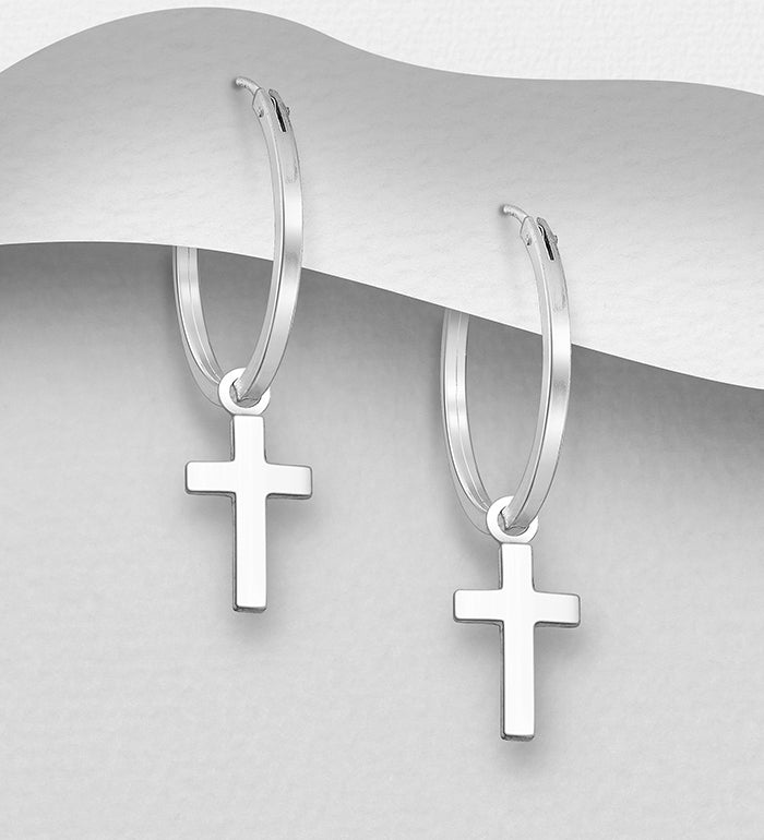 925 Sterling Silver Hoop Cross Earrings