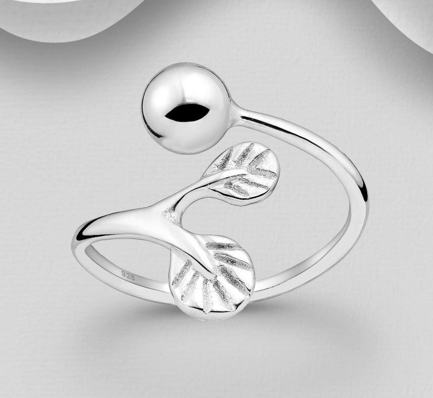925 Sterling Silver Adjustable Ball and Leaf Ring